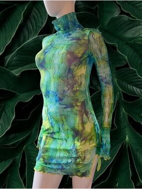 Y2K Style Long Flare Sleeves Dress Turtle Neck Mix Green Mesh Knit with Slits M